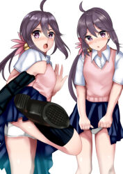 Rule 34 | 1girl, absurdres, ahoge, akebono (kancolle), alternate costume, bell, blue skirt, brown sweater vest, collared shirt, commentary request, dress shirt, feet out of frame, grey hair, hair bell, hair ornament, highres, himura moritaka, jingle bell, kantai collection, kicking, long hair, multiple views, panties, pantyshot, pleated skirt, purple eyes, school uniform, shirt, side ponytail, simple background, skirt, sweater vest, underwear, white background, white panties, white shirt