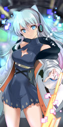 Rule 34 | 1girl, atoshi, bare shoulders, blue dress, blue eyes, blue hair, breasts, cleavage, closed mouth, clothing cutout, coat, contrapposto, cowboy shot, dress, gradient hair, headphones, highres, long hair, looking at viewer, medium breasts, monster strike, multicolored hair, narrow waist, neo (monster strike), open clothes, open coat, pink hair, short dress, sleeveless, sleeveless dress, solo, tareme, turtleneck, very long hair