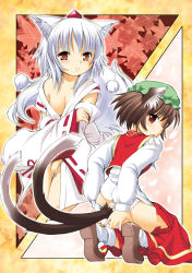 Rule 34 | 2girls, animal ears, ass, breasts, brown eyes, brown hair, cat ears, cat girl, cat tail, chen, cleavage, clothes pull, detached sleeves, female focus, hand on ass, hat, inubashiri momiji, japanese clothes, looking back, multiple girls, multiple tails, open clothes, open skirt, panties, red eyes, seminoyu, short hair, skirt, skirt pull, tail, tokin hat, touhou, underwear, white hair, wolf ears, wolf tail