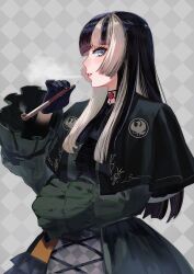 Rule 34 | 1girl, absurdres, black dress, black gloves, black hair, blue eyes, blunt bangs, breasts, capelet, checkered background, dress, gloves, gothic lolita, grin, highres, holding, holding smoking pipe, hololive, hololive dev is, juufuutei raden, kiseru, lolita fashion, long hair, looking at viewer, looking to the side, medium breasts, multicolored hair, murechika, sidelocks, smile, smoke, smoking pipe, solo, streaked hair, virtual youtuber, white hair