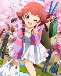 Rule 34 | 10s, 2girls, ;d, akizuki ritsuko, artist request, backpack, bag, brown eyes, brown hair, cherry blossoms, grocery bag, hood, hoodie, idolmaster, idolmaster (classic), idolmaster million live!, index finger raised, jacket, looking at viewer, multiple girls, nonohara akane, official art, one eye closed, open mouth, petals, plastic bag, shopping bag, short hair, smile, solo focus, striped clothes, striped hoodie, sweater vest, wink