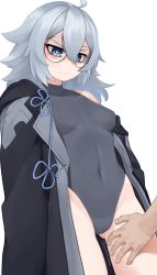 Rule 34 | 1girl, ahoge, annoyed, artist name, blue eyes, borrowed character, breasts, commentary, covered navel, english commentary, frown, glasses, gluteal fold, grey hair, grey leotard, hair between eyes, hand on another&#039;s thigh, highres, jacket, leotard, long hair, looking down, medium breasts, mole, mole under eye, off shoulder, open clothes, open jacket, original, round eyewear, simple background, single bare shoulder, solo focus, white background, yoako