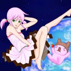 Rule 34 | 1girl, apollo chocolate, blush stickers, chocolate, dress, earth (planet), food, fruit, giko, green eyes, hair ornament, hat, leg lift, leg up, legs, lowres, oekaki, personification, pink hair, short twintails, solo, space, strawberry, tsuki yomi, twintails