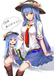 Rule 34 | 2girls, :d, blue hair, blush, boots, breasts, commentary, dual persona, food, fruit, hat, highres, hinanawi tenshi, large breasts, long hair, looking at viewer, mini person, minigirl, multiple girls, necktie, neropaso, open mouth, peach, red eyes, shirt, short sleeves, skirt, smile, touhou, translated, very long hair