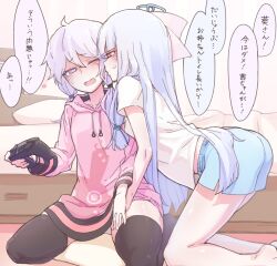 Rule 34 | 2girls, alternate costume, barefoot, bed, bedroom, black thighhighs, blue hair, blue shorts, blunt bangs, blush, casual, commentary, controller, dolphin shorts, flirting, furrowed brow, game controller, hair flowing over, hair ribbon, hand on another&#039;s thigh, holding, holding controller, holding game controller, hood, hood down, hoodie, imminent kiss, indoors, kneeling, kotonoha aoi, leaning forward, leaning on person, long hair, looking at another, mochi (mochi444420), multiple girls, no pants, on floor, one eye closed, pink hoodie, pink ribbon, profile, purple eyes, purple hair, red eyes, ribbon, shirt, short hair with long locks, short shorts, shorts, sitting, speech bubble, sweat, t-shirt, thighhighs, translated, vocaloid, voiceroid, wariza, white shirt, yuri, yuzuki yukari