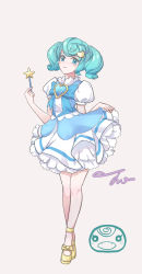 Rule 34 | 1girl, bird, blue eyes, blue hair, blush, bow, bowtie, animal crossing, dress, full body, grey background, hair ornament, hairclip, heart, highres, nintendo, penguin, personification, solo, sprinkle (animal crossing), star (symbol), twintails, wand, wendy89929