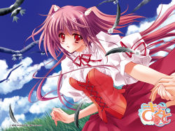 Rule 34 | 1girl, airi (quilt), bird, blouse, blush, carnelian, cloud, day, feathers, long hair, quilt, quilt (game), shirt, sky, solo, two side up, white shirt