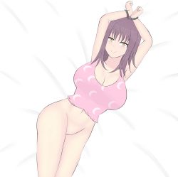 Rule 34 | arms up, ass, bdsm, bed, bondage, bound, breasts, cleavage, cuffs, estherelaitea, handcuffs, highres, itsuwa, lying, no pants, on back, purple hair, restrained, short hair, tank top, toaru majutsu no index