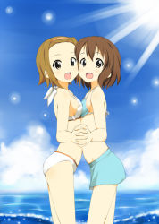 Rule 34 | 00s, 2girls, bikini, breast press, breasts, brown eyes, brown hair, cloud, day, forehead, hairband, hamao, holding hands, hirasawa yui, interlocked fingers, k-on!, light rays, looking at viewer, multiple girls, ocean, open mouth, outdoors, short hair, sky, small breasts, smile, sunbeam, sunlight, swimsuit, symmetrical docking, symmetry, tainaka ritsu, waves