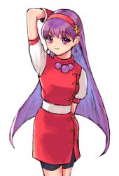 Rule 34 | 1girl, arm behind head, asamiya athena, bamboobamboo68, breasts, dress, earrings, gloves, hair ornament, hairband, jewelry, long hair, looking at viewer, medium breasts, out of frame, pantyhose, puffy sleeves, purple eyes, purple hair, red dress, red hairband, smile, solo, star (symbol), star hair ornament, the king of fighters, white background