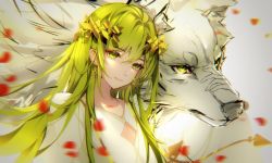 Rule 34 | 1boy, 1other, androgynous, animal, cleavage cutout, clothing cutout, commentary, english commentary, enkidu (fate), fate/strange fake, fate (series), green eyes, green hair, kiyochii, laurel crown, long hair, petals, petting, snout, unfinished, wolf, wolf (fate)