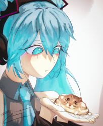 Rule 34 | 1girl, absurdres, animal, aqua eyes, aqua hair, aqua necktie, bare shoulders, bright pupils, closed mouth, collared shirt, commentary, english commentary, eriott, grey shirt, hair between eyes, hair ornament, hamster, hands up, hatsune miku, headphones, highres, holding, holding animal, light blush, long hair, looking at animal, necktie, shirt, sidelocks, simple background, sleeveless, sleeveless shirt, solo, twintails, upper body, vocaloid, white background, white pupils
