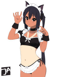 Rule 34 | 1girl, animal ears, apron, bikini, black bikini, black choker, black hair, blush, blush stickers, breasts, cat ears, choker, commentary, contrapposto, cowboy shot, english commentary, hair between eyes, hands up, highres, j adsen, k-on!, kemonomimi mode, long hair, looking at viewer, maid, maid bikini, maid headdress, midriff, nakano azusa, navel, parted lips, paw pose, puffy short sleeves, puffy sleeves, short sleeves, shrug (clothing), side-tie bikini bottom, simple background, small breasts, solo, stomach, swimsuit, tan, tanline, twintails, unconventional maid, very long hair, waist apron, white background, wristband