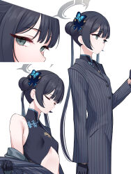 Rule 34 | 1girl, absurdres, aoi riko, black dress, black gloves, black hair, blue archive, breasts, butterfly hair ornament, china dress, chinese clothes, closed eyes, closed mouth, clothing cutout, coat, dress, gloves, grey eyes, hair bun, hair ornament, halo, highres, kisaki (blue archive), long hair, long sleeves, multiple views, open clothes, open coat, simple background, small breasts, stomach cutout, striped, striped coat, twintails