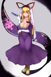 Rule 34 | 1girl, aoshima, bare shoulders, blonde hair, bow, breasts, brown footwear, clothing cutout, collarbone, commentary request, dress, hand fan, folding fan, frills, full body, gap (touhou), gloves, hair bow, hair ribbon, highres, holding, holding fan, large breasts, long hair, looking at viewer, purple dress, red bow, red ribbon, ribbon, shoulder cutout, sidelocks, solo, strabismus, touhou, veil, very long hair, white gloves, yakumo yukari, yellow eyes