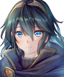 Rule 34 | 1girl, absurdres, blue cape, blue eyes, blue hair, cape, clear glass (mildmild1311), collar, commentary, fire emblem, fire emblem awakening, hair between eyes, highres, long hair, looking at viewer, lucina (fire emblem), nintendo, signature, smile, solo, symbol-shaped pupils, symbol in eye, tiara, turtleneck, twitter username, white background