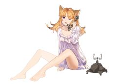 Rule 34 | 1girl, ;d, absurdres, animal ears, antique phone, bare legs, barefoot, between legs, blonde hair, breasts, cat ears, collarbone, dress, eyelashes, feet, frilled sleeves, frills, full body, hand between legs, hand up, highres, holding, holding phone, long hair, looking at viewer, lower teeth only, one eye closed, open mouth, original, phone, purple eyes, rotary phone, simple background, sitting, small breasts, smile, solo, teeth, toes, v.ia, white background, white dress