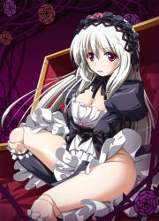 Rule 34 | 00s, 1girl, between thighs, blush, breasts, cleavage, doll, doll joints, dress, dress tug, gucchi, joints, legs, no panties, purple eyes, red eyes, rozen maiden, small breasts, solo, suigintou, thighs, white hair