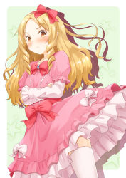 Rule 34 | &gt;:&lt;, 10s, 1girl, :&lt;, blonde hair, blush, bow, brown eyes, closed mouth, crossed arms, dress, drill hair, eromanga sensei, frills, fujishima shinnosuke, hair bow, hairband, layered sleeves, lolita fashion, long hair, long sleeves, looking at viewer, pink dress, pointy ears, red bow, short over long sleeves, short sleeves, shy, solo, thighhighs, twin drills, v-shaped eyebrows, white thighhighs, wind, wind lift, yamada elf, yellow eyes