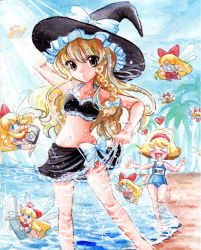 Rule 34 | &gt; &lt;, 2girls, :d, > <, alice margatroid, bad id, bad pixiv id, beach, bikini, blonde hair, blue eyes, bow, braid, camera, cellphone, day, doll, closed eyes, female focus, hair bow, hairband, hat, kirisame marisa, long hair, matching shanghai, multiple girls, one-piece swimsuit, open mouth, painting (medium), phone, sarong, school swimsuit, shanghai doll, short hair, smile, swimsuit, touhou, traditional media, watercolor (medium), wings, witch, witch hat, xd, yellow eyes, yui (calling dr love m)