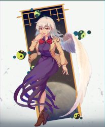 Rule 34 | 1girl, absurdres, bow, bowtie, brown footwear, chinese commentary, collared dress, commentary, covering own mouth, dress, feathered wings, full body, hair between eyes, hand to own mouth, heiyao, high heels, highres, jacket, kishin sagume, long sleeves, looking at viewer, medium hair, open clothes, open jacket, purple dress, red bow, red bowtie, red eyes, silver hair, single wing, solo, standing, touhou, white wings, wings, yellow jacket, yin yang