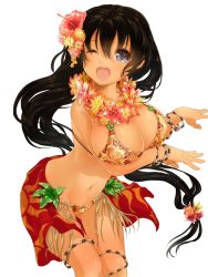 Rule 34 | 1girl, bad id, bad pixiv id, beads, bikini, black eyes, black hair, blush, breasts, cleavage, dancing, floral print, flower, flower necklace, hair flower, hair ornament, hibiscus, highres, hisho collection, hula, jewelry, large breasts, lei, long hair, looking at viewer, mizubachi, navel, necklace, one eye closed, open mouth, original, simple background, smile, solo, swimsuit, white background, yukinoko (mizubachi)