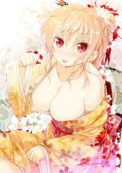 Rule 34 | 1girl, :p, blonde hair, blush, breasts, cafe-chan to break time, cleavage, downblouse, floral print, flower, hair flower, hair ornament, large breasts, long hair, looking at viewer, md5 mismatch, original, paw pose, porurin (do-desho), red eyes, resolution mismatch, smile, solo, source smaller, tea (cafe-chan to break time), tongue, tongue out
