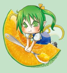 Rule 34 | 1girl, ascot, cantaloupe, chamaji, chibi, commentary request, daiyousei, dress, fairy wings, food, fruit, green eyes, green hair, hair between eyes, hair ribbon, highres, kneeling, melon, puffy cheeks, puffy cheeks, puffy short sleeves, puffy sleeves, ribbon, shoes, short sleeves, side ponytail, simple background, solo, spoon, spork, touhou, wings