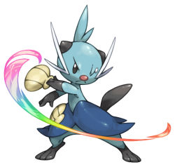 Rule 34 | attack, black eyes, closed mouth, colorful, commentary request, dewott, frown, full body, gen 5 pokemon, legs apart, looking at viewer, no humans, one eye closed, pearl7, pokemon, pokemon (creature), rainbow gradient, simple background, solo, standing, tears, white background