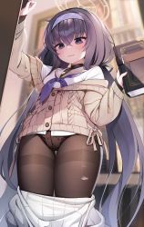Rule 34 | 1girl, absurdres, black hair, blue archive, blue eyes, blue hairband, blue neckerchief, blush, book, bookshelf, brown pantyhose, cardigan, clothes pull, fishnets, hair between eyes, hairband, halo, highres, holding, holding book, indoors, jehyun, lace, lace-trimmed panties, lace trim, library, long hair, long skirt, long sleeves, looking at viewer, low twintails, neckerchief, panties, panties under pantyhose, pantyhose, pleated skirt, sailor collar, school uniform, simple background, skirt, skirt pull, solo, sweatdrop, thighs, torn clothes, torn pantyhose, twintails, ui (blue archive), underwear, very long hair, white skirt