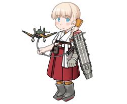 Rule 34 | 1girl, aged down, blonde hair, blue eyes, blunt bangs, commentary request, dougi, flight deck, hair ornament, hakama, japanese clothes, ju 87, kantai collection, long hair, looking at viewer, porusasu, red hakama, shin&#039;you (kancolle), simple background, solo, standing, white background