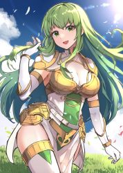 Rule 34 | 1girl, armor, breasts, cleavage, cloud, elbow gloves, feathers, fire emblem, fire emblem: mystery of the emblem, fire emblem echoes: shadows of valentia, gloves, gold trim, grass, green eyes, green hair, headband, highres, hirotaka (hrtk990203), holding, holding own hair, light rays, long hair, looking at viewer, medium breasts, nintendo, open mouth, palla (fire emblem), pelvic curtain, shoulder armor, sidelocks, sky, smile, solo, sun, thighhighs, thighs, white gloves, white headband