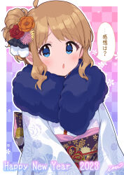 Rule 34 | 1girl, :o, ahoge, artist name, blue eyes, blush, brown hair, dot nose, eyelashes, floral print, flower, fur collar, furrowed brow, hair flower, hair ornament, happy new year, high ponytail, highres, idolmaster, idolmaster million live!, idolmaster million live! theater days, ima (lm ew), japanese clothes, kimono, new year, obi, obiage, obijime, open mouth, parted bangs, sash, short hair, shy, sidelocks, solo, speech bubble, suou momoko, upper body