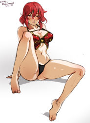 Rule 34 | 1girl, artist name, ass, bare legs, barefoot, black panties, breasts, cleavage, dated, fire emblem, fire emblem: mystery of the emblem, headband, medium breasts, mina cream, minerva (fire emblem), nintendo, non-web source, panties, red eyes, red hair, short hair, sitting, solo, underwear, white background