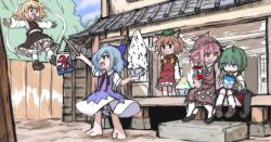 Rule 34 | 5girls, animal ears, antennae, barefoot, bird ears, black cape, black footwear, black skirt, black vest, blonde hair, blue bow, blue dress, blue eyes, blue hair, bow, brown dress, brown footwear, brown hair, brown headwear, cape, cat ears, chen, cirno, closed mouth, collared shirt, dress, fingernails, food, frilled dress, frilled skirt, frills, green hair, hair between eyes, hair bow, hair ribbon, hat, highres, holding, long fingernails, long sleeves, multiple girls, mystia lorelei, nail polish, open mouth, outstretched arms, pink hair, pink nails, red dress, red eyes, red ribbon, ribbon, rumia, sharp fingernails, shaved ice, shinmon akika, shirt, shoes, short hair, short sleeves, sitting, skirt, smile, socks, spread arms, team 9, touhou, veranda, vest, white shirt, white socks, winged footwear, winged hat, wriggle nightbug