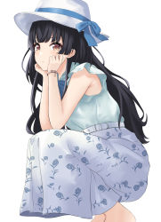 Rule 34 | 1girl, armpit crease, belt, black hair, blunt bangs, blush, floral print, frilled sleeves, frills, hands on own cheeks, hands on own face, hat, hat ribbon, head rest, highres, idolmaster, idolmaster shiny colors, long hair, long skirt, looking at viewer, looking to the side, mayuzumi fuyuko, mm (pomeme4), ribbon, shirt, simple background, skirt, sleeveless, sleeveless shirt, solo, squatting, sun hat, white background, white belt, white hair, white skirt, wristband
