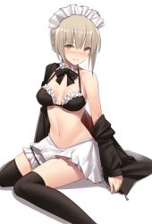 Rule 34 | 1girl, artoria pendragon (alter swimsuit rider) (fate), artoria pendragon (alter swimsuit rider) (second ascension) (fate), artoria pendragon (fate), black bow, black bowtie, black bra, black jacket, black thighhighs, bow, bowtie, bra, breasts, chiiio, choker, cleavage, collarbone, fate/grand order, fate (series), frilled bra, frills, groin, highres, jacket, looking at viewer, maid headdress, medium breasts, midriff, miniskirt, navel, off shoulder, open clothes, open jacket, parted lips, short hair with long locks, sidelocks, silver hair, simple background, sitting, skirt, smile, solo, stomach, thigh strap, thighhighs, underwear, unzipped, white background, white skirt, yellow eyes