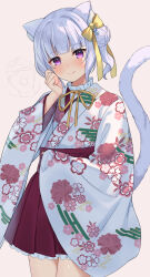 Rule 34 | 1girl, animal ears, bell, bow, brown background, cat ears, cat girl, cat tail, closed mouth, commentary, copyright request, egasumi, floral print, frilled skirt, frills, grey hair, hair bell, hair bow, hair bun, hair ornament, highres, japanese clothes, jingle bell, kimono, long sleeves, looking at viewer, mosomoso, one side up, pleated skirt, print kimono, purple eyes, red skirt, simple background, single side bun, skirt, sleeves past wrists, smile, tail, white kimono, wide sleeves, yellow bow