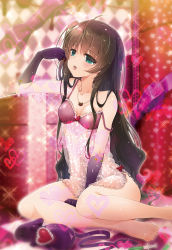 Rule 34 | 1girl, akahito, animal hands, babydoll, bad id, bad pixiv id, barefoot, blush, bow, breasts, brown hair, cat paws, chocolate, elbow gloves, gloves, green eyes, heart, highres, jewelry, long hair, necklace, no panties, off shoulder, one side up, open mouth, petals, sitting, small breasts, solo, strap slip, syringe, tamasaka makoto, tokyo 7th sisters, tongue, tongue out, very long hair, white babydoll, yokozuwari