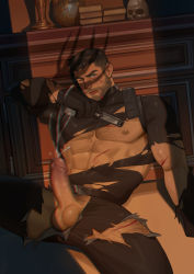 Rule 34 | 1boy, abs, bara, bare pectorals, beard, blue eyes, chest hair, chris redfield, cum, dark-skinned male, dark skin, ejaculation, erection, facial hair, feet out of frame, frde, gun, holding, holding gun, holding weapon, injury, large pectorals, leg hair, looking at viewer, male focus, male pubic hair, mature male, muscular, muscular male, nipples, on floor, pants, pectorals, penis, projectile cum, pubic hair, resident evil, resident evil 5, shirt, short hair, sideburns, skull, solo, spread legs, stomach, stubble, thick thighs, thighs, tongue, torn clothes, torn pants, torn shirt, uncensored, weapon, weapon request