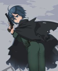 ahoge ass belt black_eyes black_hair cloak cloud dress_shirt formal_clothes gun handgun kino_(kino_no_tabi) kino_no_tabi pouch revolver saikawa_yusa shirt suit trigger_discipline weapon