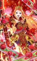 Rule 34 | 1girl, blonde hair, breasts, cleavage, dress, earrings, holding, holding weapon, jewelry, large breasts, long hair, official art, open mouth, priscilla barielle, re:zero kara hajimeru isekai seikatsu, red dress, red eyes, smile, sword, weapon