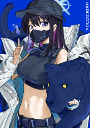 Rule 34 | 1girl, absurdres, bare shoulders, baseball cap, black hair, black hat, black shirt, blue archive, blue background, blue eyes, breasts, commentary, crop top, gohanduck, hand up, hat, highres, index finger raised, large breasts, long hair, long sleeves, looking at viewer, mask, midriff, mouth mask, multicolored hair, navel, purple hair, saori (blue archive), shirt, sleeveless, sleeveless shirt, solo, stomach, upper body