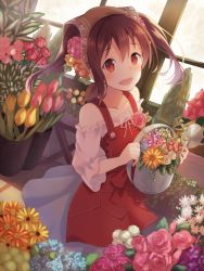Rule 34 | 10s, 1girl, apron, black hair, blouse, daisy, flower, flower shop, from above, hair flower, hair ornament, head scarf, highres, holding, indoors, long hair, looking at viewer, love live!, love live! school idol festival, love live! school idol project, nonono (nononotea), nononon, off shoulder, open mouth, pink flower, pink rose, plant, potted plant, red eyes, rose, shirt, shop, skirt, smile, solo, tulip, twintails, watering can, white shirt, window, yazawa nico