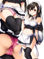 Rule 34 | 1girl, absurdres, apron, ass, bare shoulders, black hair, black ribbon, black skirt, black sleeves, black thighhighs, blue footwear, blush, breasts, cameltoe, cleft of venus, collar, collarbone, commentary request, covered erect nipples, crop top, detached collar, detached sleeves, fingernails, frilled skirt, frills, hair between eyes, highres, holding, holding tray, long hair, looking at viewer, maid headdress, medium breasts, midriff, multiple views, navel, neck ribbon, original, panties, parted lips, partially visible vulva, pink panties, puffy short sleeves, puffy sleeves, red eyes, ribbon, shoes, short sleeves, side-tie panties, side slit, simple background, skirt, squatting, thighhighs, tray, underwear, very long hair, waist apron, wakuta chisaki, white apron, white background, white collar, wing collar, wrist cuffs