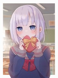 Rule 34 | 1girl, aged down, blue eyes, blue shirt, blurry, blush, bob cut, border, bow, bowtie, box, candle no kaori wa omoide to tomo ni (project sekai), chair, chalkboard, classroom, commentary request, covering own mouth, depth of field, desk, gift, grey hair, grey sailor collar, heart-shaped box, highres, holding, holding box, long bangs, long sleeves, looking at viewer, medium hair, open mouth, outside border, project sekai, red bow, red bowtie, sailor collar, school desk, school uniform, serafuku, shirt, sidelocks, signature, sleeve cuffs, sleeves past wrists, solo, straight-on, upper body, valentine, white border, yellow bow, yoisaki kanade, yorukumo kana