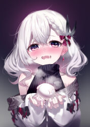Rule 34 | 1girl, absurdres, blush, braid, commentary request, earrings, egg, highres, holding, holding egg, jewelry, long sleeves, looking at viewer, medium hair, messy hair, off shoulder, open mouth, purple eyes, solo, suggestive fluid, sweater, turtleneck, turtleneck sweater, virtual youtuber, white hair, yaguo
