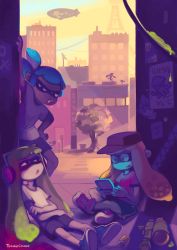 Rule 34 | 1boy, 2girls, aircraft, alley, artist name, bike shorts, can, dark skin, dirigible, hand on own hip, handheld game console, headphones, indian style, inkling, inkling boy, inkling girl, inkling player character, leaning, multiple girls, nintendo, nintendo 3ds, open mouth, ponytail, poster (object), shirt, shoes, sitting, sneakers, splatoon (series), splatoon 1, splattershot, splattershot (splatoon), super soaker, t-shirt, temmie chang, tentacle hair, tongue, tongue out, tree