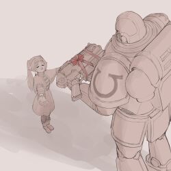 Rule 34 | 1boy, 1girl, absurdres, adeptus astartes, armor, bolter, boots, christmas present, closed eyes, commentary, elf, english commentary, frieren, gift, gun, highres, holding, holding gift, nick xinderz, pointy ears, power armor, shadow, size difference, skirt, smug, sousou no frieren, twintails, ultramarines, warhammer 40k, weapon