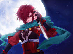 Rule 34 | 1girl, armor, female focus, full moon, hair over one eye, highres, knife, meiko (vocaloid), moon, natsu (pixiv312174), outdoors, red eyes, red hair, scarf, sky, solo, vocaloid